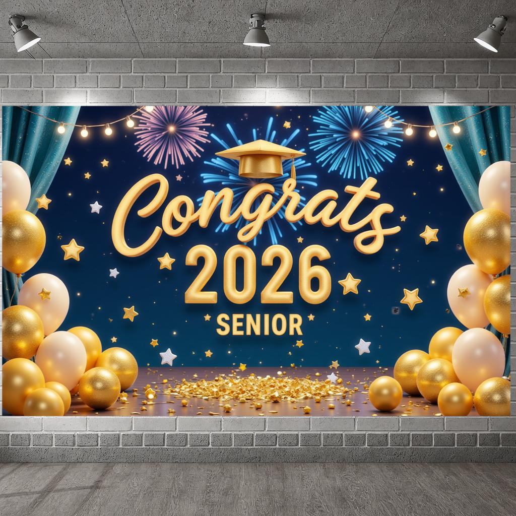 2026 Grad Background Star Decor Grad Event Display Graduation Banner Firework Design Senior Celebration Banner For Senior Indoor