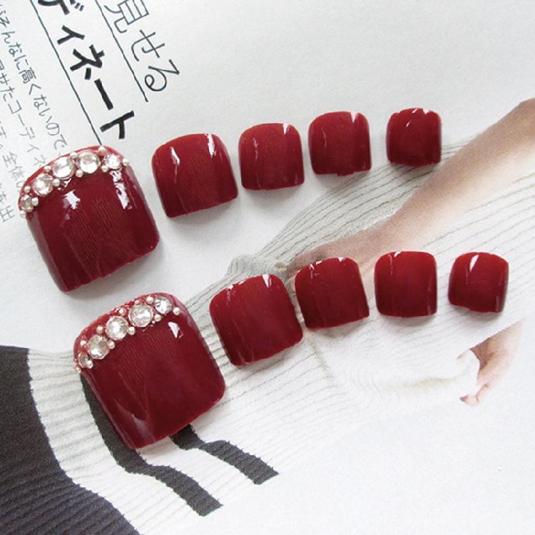 Wine Glossy False Toe Nails Fashion Square Short Full Cover 24PCS Fake Toenails