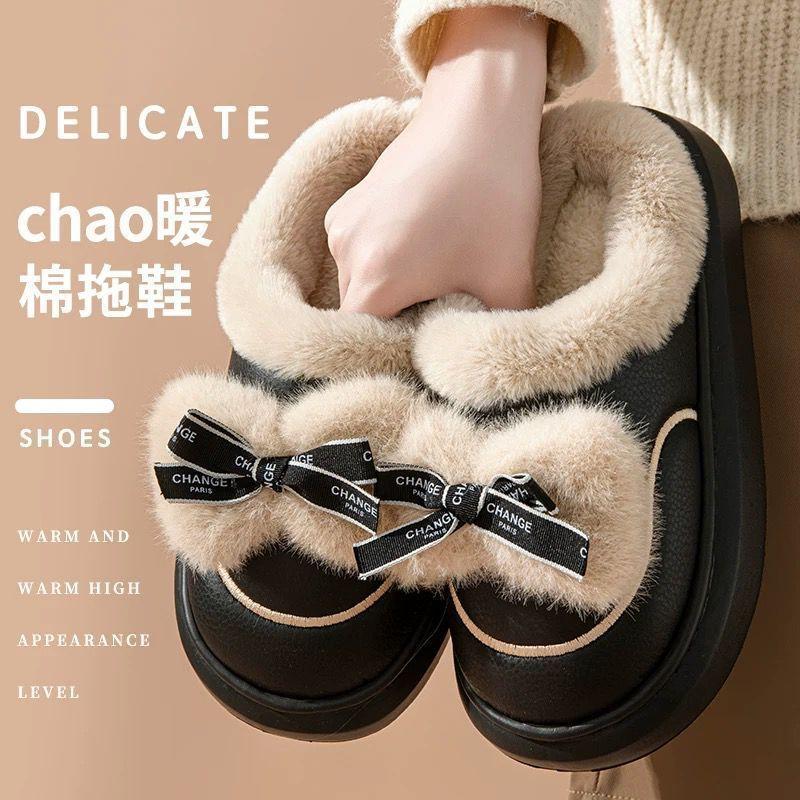 Zimowe domowe wodoodporne bawełniane kapcie modna kokarda antypoślizgowe pogrubione aksamitne ciepłe bawełniane buty