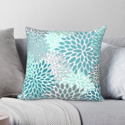 Floral Teal And Gray Square Pillowcase Polyester Linen Velvet Creative Zip Decorative Throw Pillow Sofa Seater Cushion Cover 18"