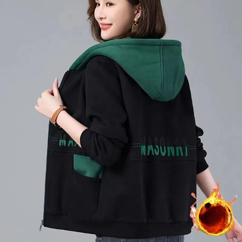 Jacket Women's Velvet Thickened Autumn and Winter Warm Shirt Loose Large Size Slimming and Age-reducing Fashion Hooded Sweatshirt