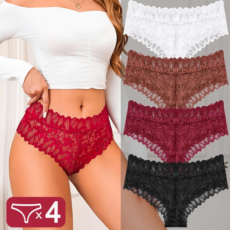4PCS Women Floral Lace Panties Sexy Perspective G-String High Waist Solid Color Underpants Female Breathable Intimates Lingerie