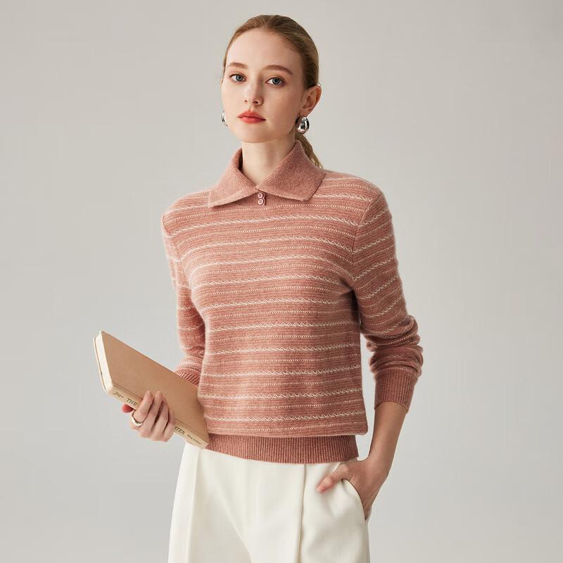 Zhaojun Women's 100% Cashmere Round Neck Striped Sweater