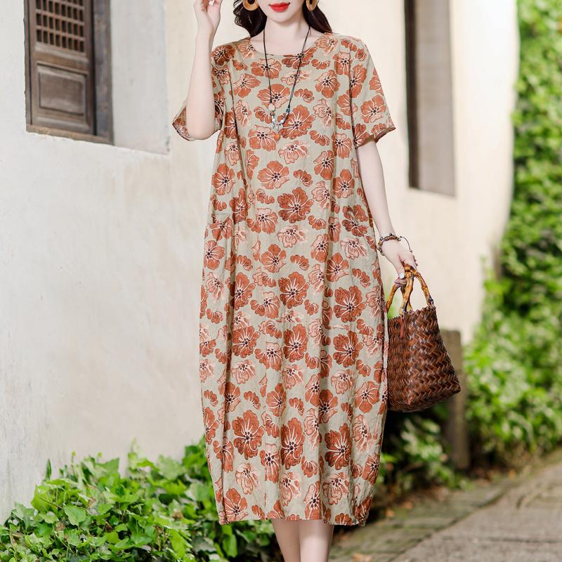 Vintage potisk Dlouhé šaty pro ženy Nadměrná velikost Volný Krátký rukáv Móda Elegantní Dámské šaty Letní Vintage oblečení