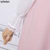VONDA Elegant Women Long Sleeve Ruffled Bow Knot Patchwork Office Midi Dress