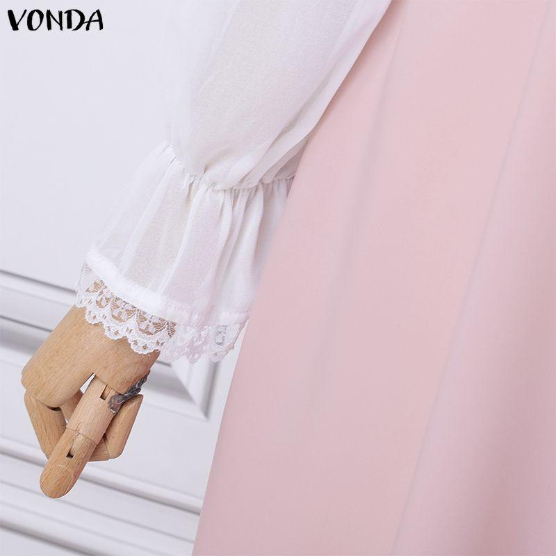 VONDA Elegant Women Long Sleeve Ruffled Bow Knot Patchwork Office Midi Dress