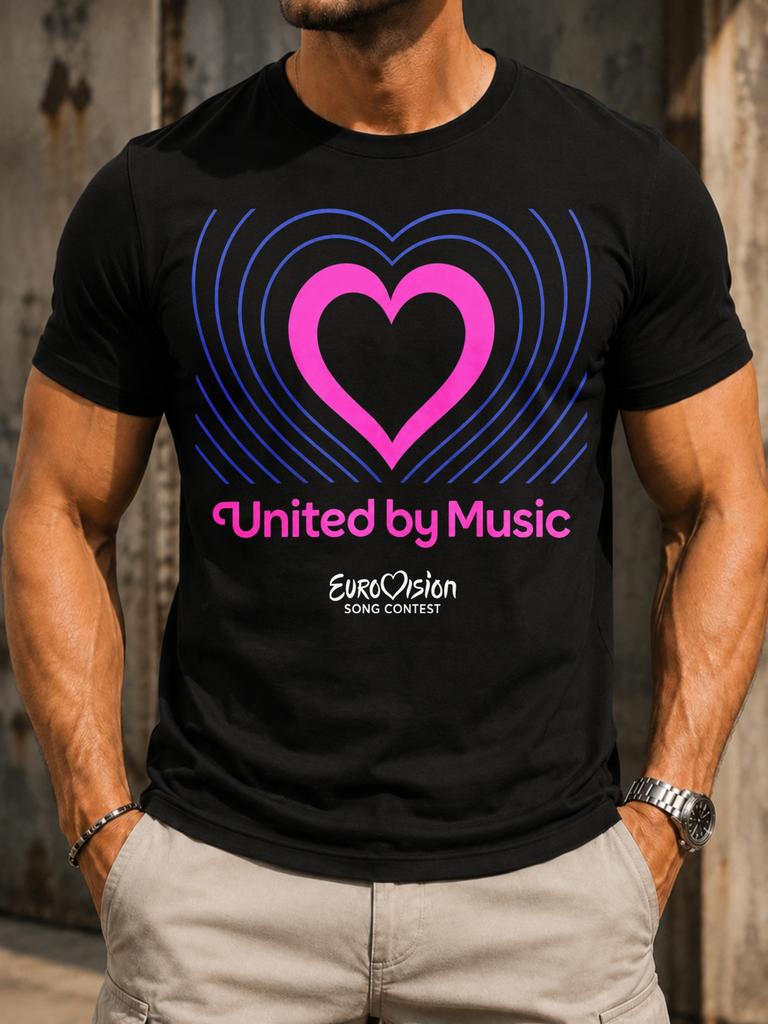 United By Music Neon Pink Heart With Blue Rhythm Lines Eurovision Song Contest Style Clean Concert Unisex All Tshirt