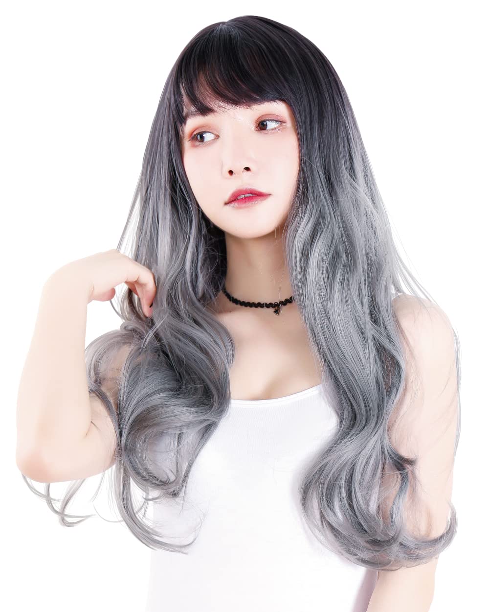 

TefuRe Fujitatsu Long Wave Wig Natural Gradient Wide Variety of Colors Cosplay Wig Net Included x Silver [TefuRe] C-8256 (Black Ash)
