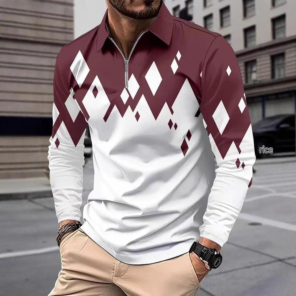 Pánská nadměrná polokošile s dlouhým rukávem a digitálním potiskem s klasickým límečkem - Evropský a americký styl pro jaro a podzim