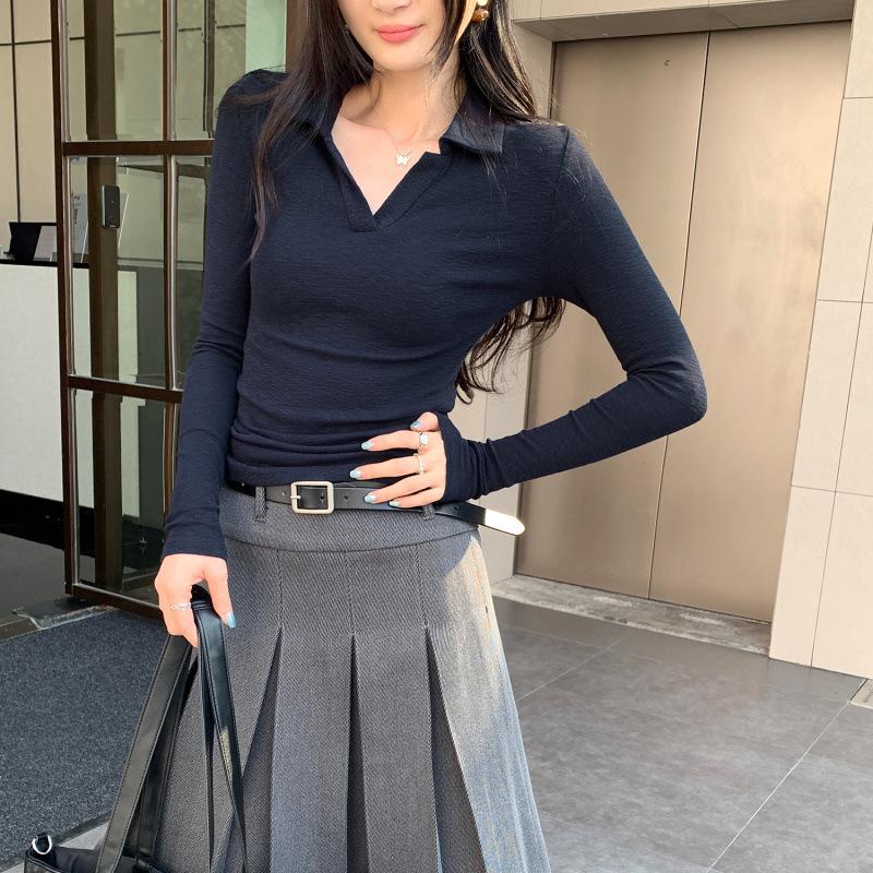 Super Flattering Slim Fit Grey Lapel T-Shirt for Petite Women, Autumn/Winter 2025