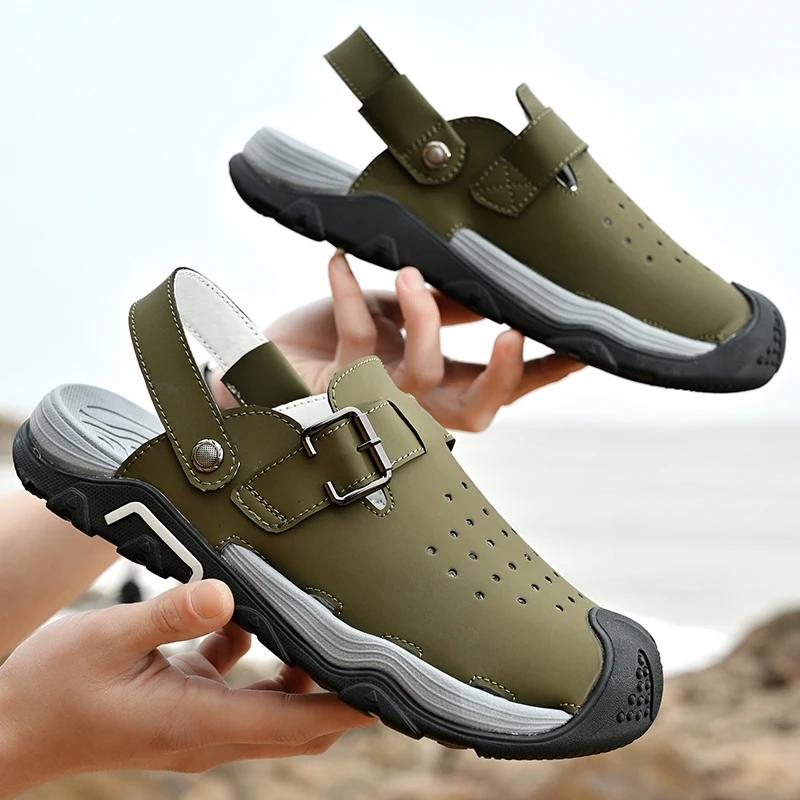 

Fashion Summer Men Quality Leather Sandals Thick Soled Comfortable Outdoor Dual-purpose Slippers Fashion Men Beach Toe Box Casual Sandal 39 зелёный