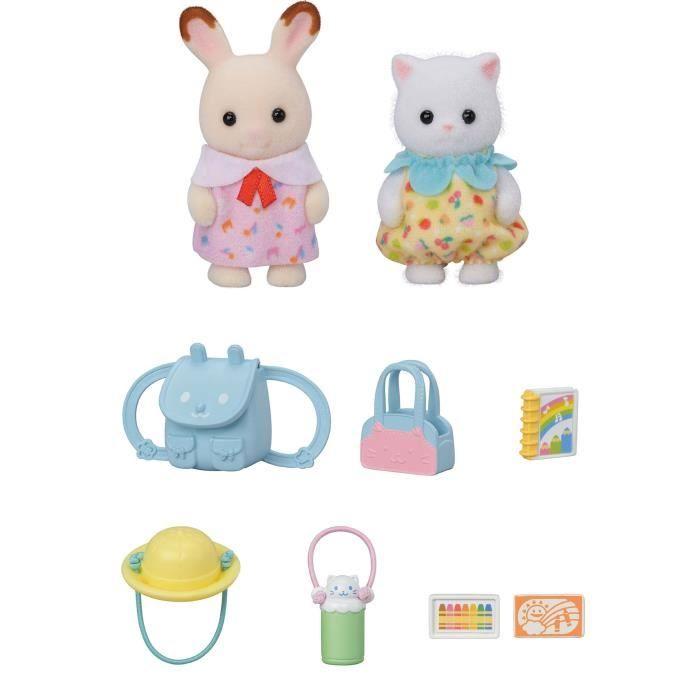 Le duo des bébés en promenade - sylvanian families - 5747 - lapin chocolat et chat persan avec accessoires