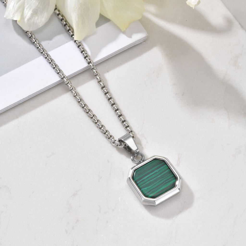 Stainless Steel Rectangle Natural Stone Pendant Necklaces, Minimalist Dainty Chain Necklace, Luxury Fashion Jewelry For Men Gift