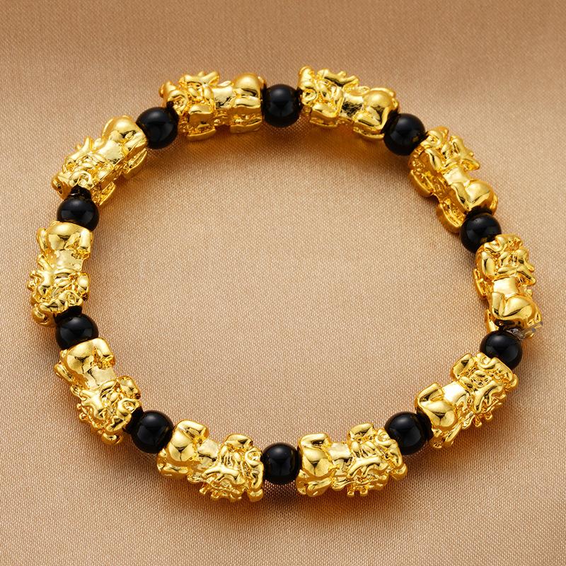 Black and Red Agate Couple's Pixiu Bracelet Sand Gold Bracelet Gold-plated Hand Jewelry Beads for Men and Women