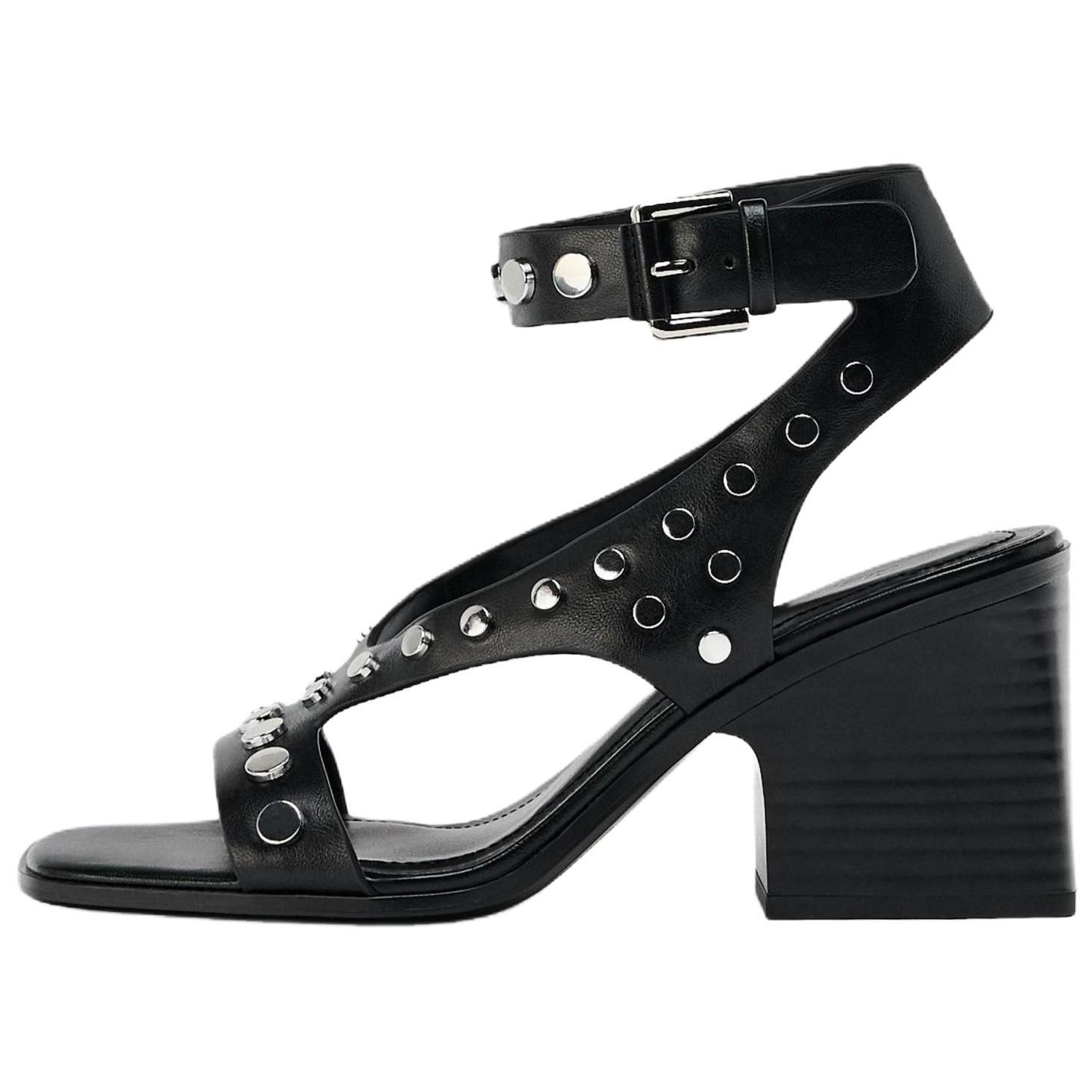 

Zara ПУ Легкие С Открытым Носком Элегантные Минималистичные Модные Уникальные Декор Металлическими Клепками Массивный Высокий Каблук Квадратный Носок Ремешок Сандалии 11301510800 41