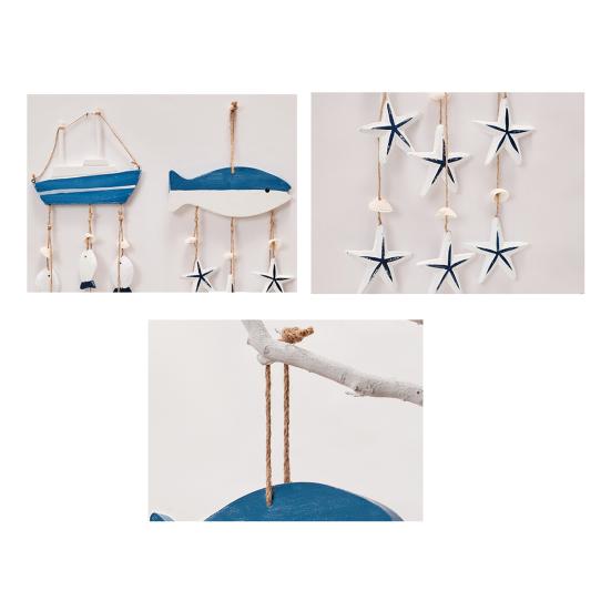 Rustic Ocean Windchime Coastal Beach Theme Wooden Hanging Decor with Hemp Rope for Indoor Outdoor Nautical Patio Garden Decor