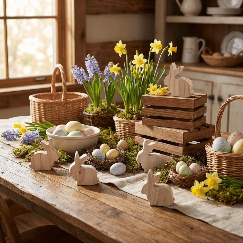 6Pcs Standing Easter Rabbit Ornaments Unfinished Bunny Figurine  Farmhouse Decor