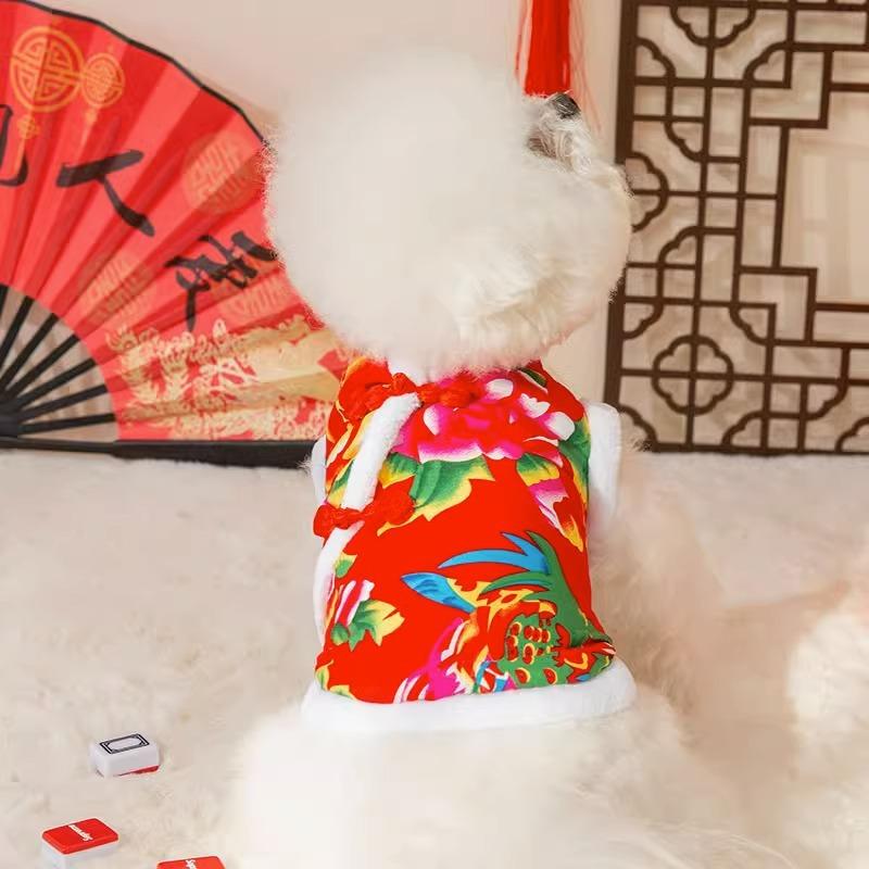 Autumn and Winter Ethnic Wind Northeast Big Flower Padded Jacket Dog Clothes Small and Medium Dog Teddy Chinese New Year Festive Pet Clothes