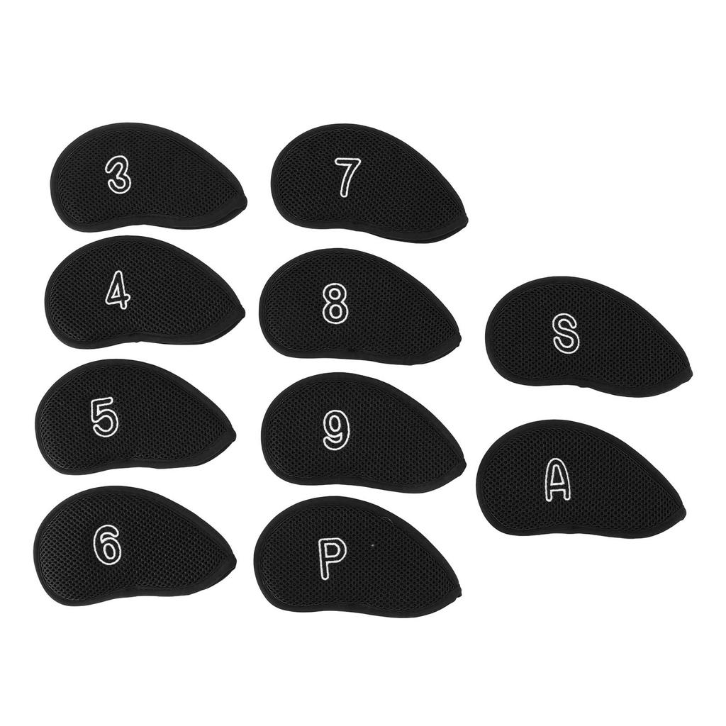 10pcs Golf Club Head Cover Breathable Nylon Mesh Soft Lining Protective Golf Iron Covers Set Black