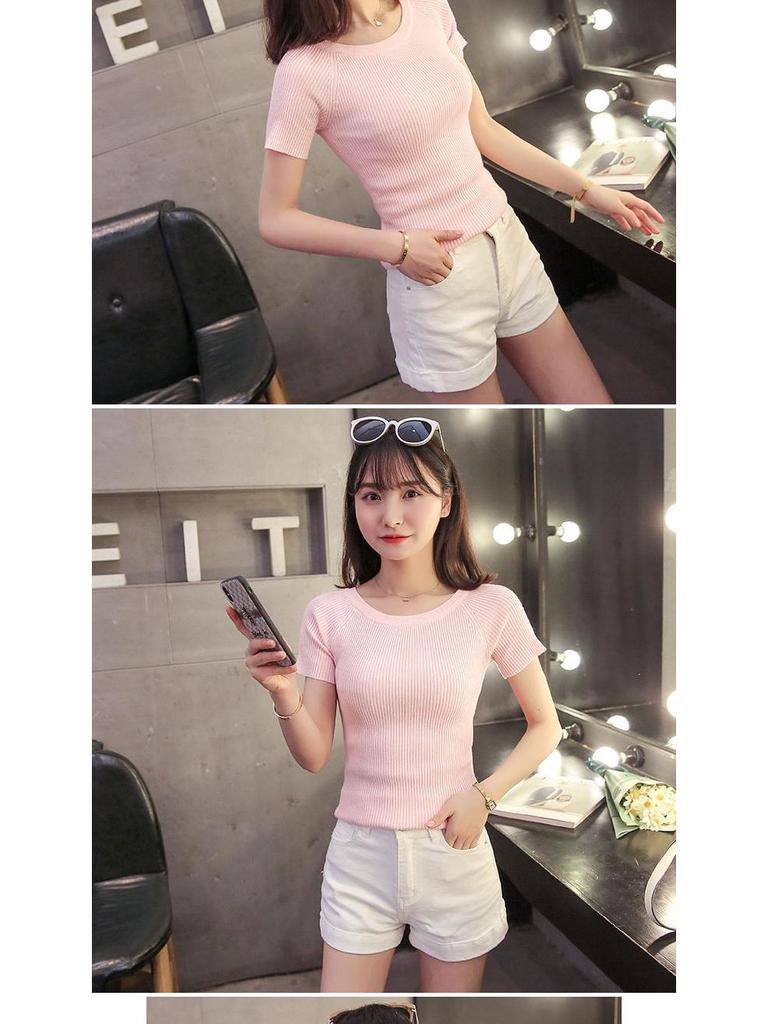 Women's Slim Fit Round Neck Short Sleeve Summer Knit T-Shirt - Solid Color