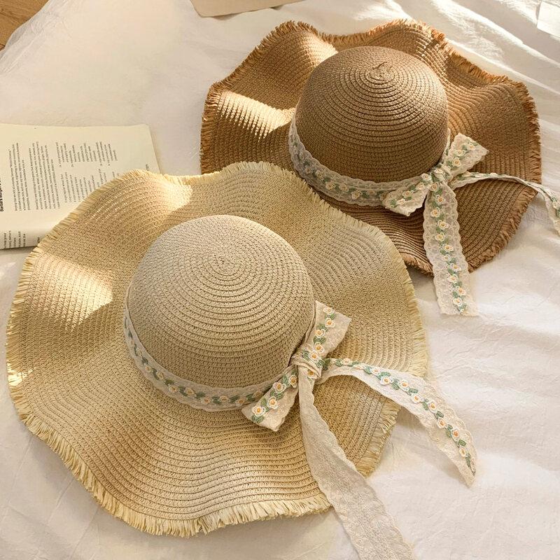 Mei Wan Er French Style Floral Lace Wide Brim Straw Hat