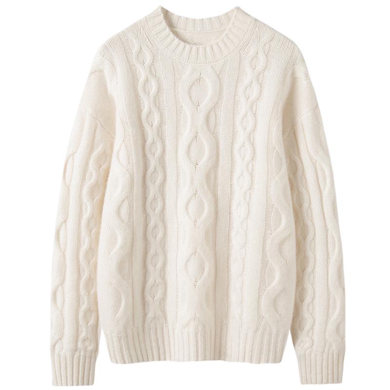 Women's Round Neck Cable Knit Cashmere Sweater - 2026 Autumn/Winter, Gentle Style, Solid Color, Thick and Warm Base Layer.