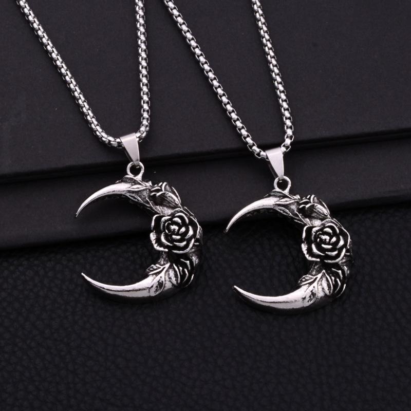Gothic Rose Moon Necklace - Unisex Vintage Romantic Pendant in Dark, Trendy Style