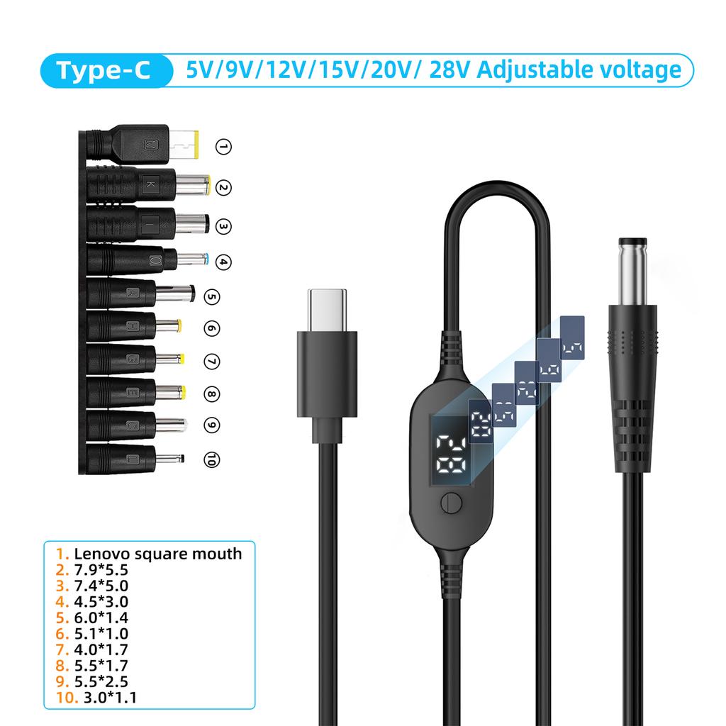 USB C To DC Power Cable 140W Type C To 5V 9V 12V 15V 20V 28V Adjustable Voltage Adapter Connector Cable for Laptop Routers