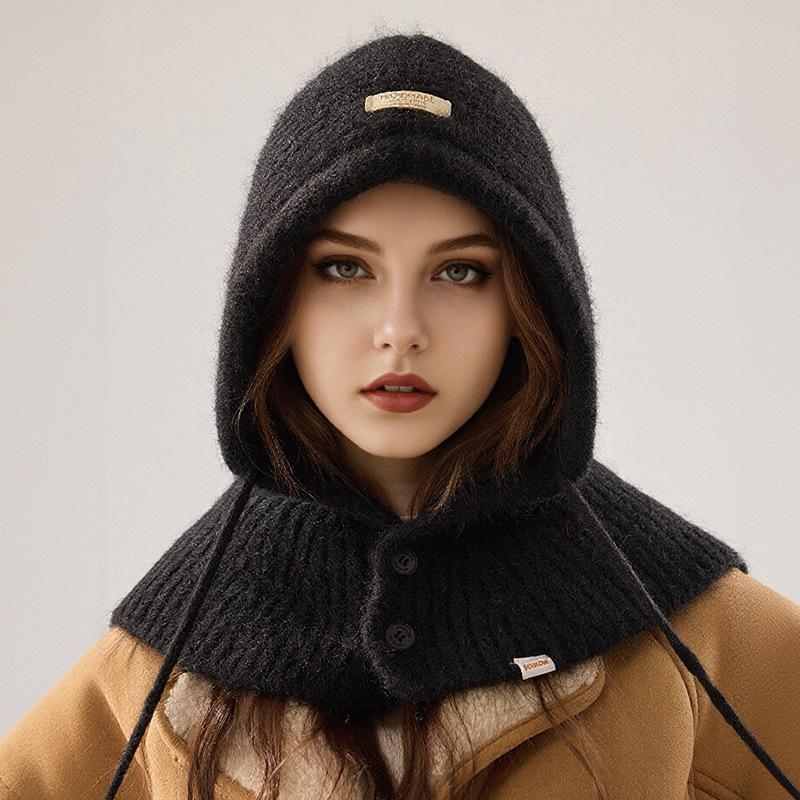 

Балаклава с большим обхватом головы для женщин на осень и зиму, новая вязаная шапка-капюшон, интегрированный теплый шарф для защиты ушей, шерстяная шапка