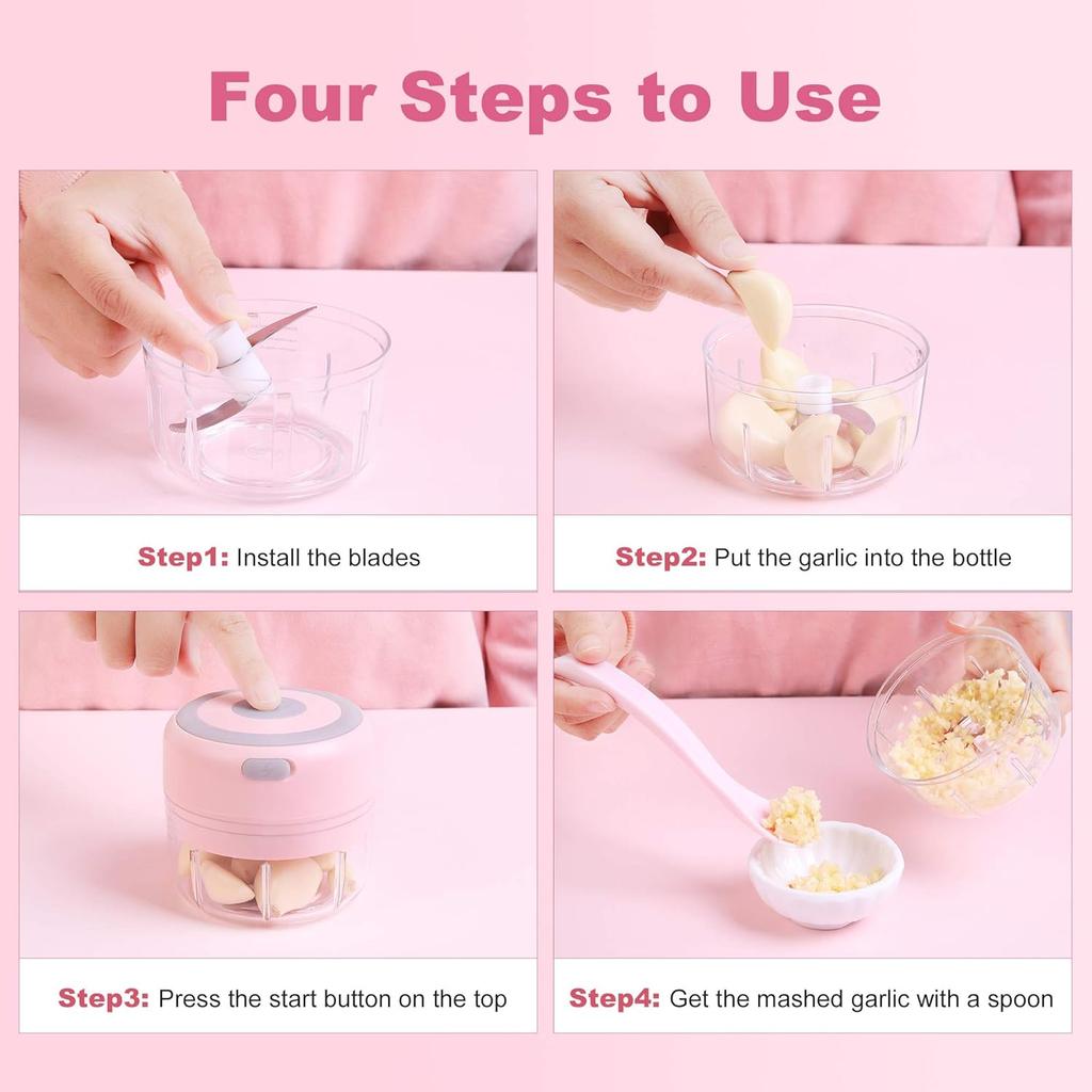 Electric Mini Garlic Chopper (Portable, Wireless, 100ml) with Spoon, Food Chopper Tool, Mini Chopper for Mashing Onion, Garlic, Chili, Peppers,