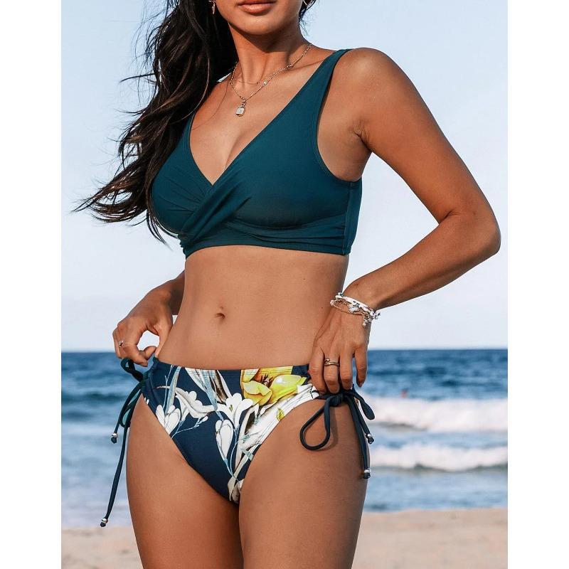 Women Swimwear Cross Pleated Backless Lace Up Bikini 2026 New Beach Two Piece Bathing Suit Vintage Printing Bikini Set