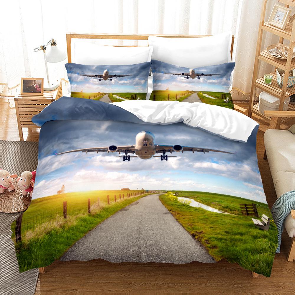 Flugzeug Bettbezug King/Queen Größe, Blauer Himmel Modern Luftfahrt Flugzeug Startbahn Weiche Bettwäsche Set für Kinder Jugendliche Jungen, 2 Kissenbezüge