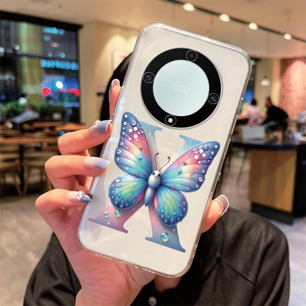 

For Honor X9b X9a X9c Magic5 6 7 Lite Blue Butterfly Flower Letters A-Z Transparent Clear Women Phone Case Silicone Bumper Cover Honor Magic5 Lite