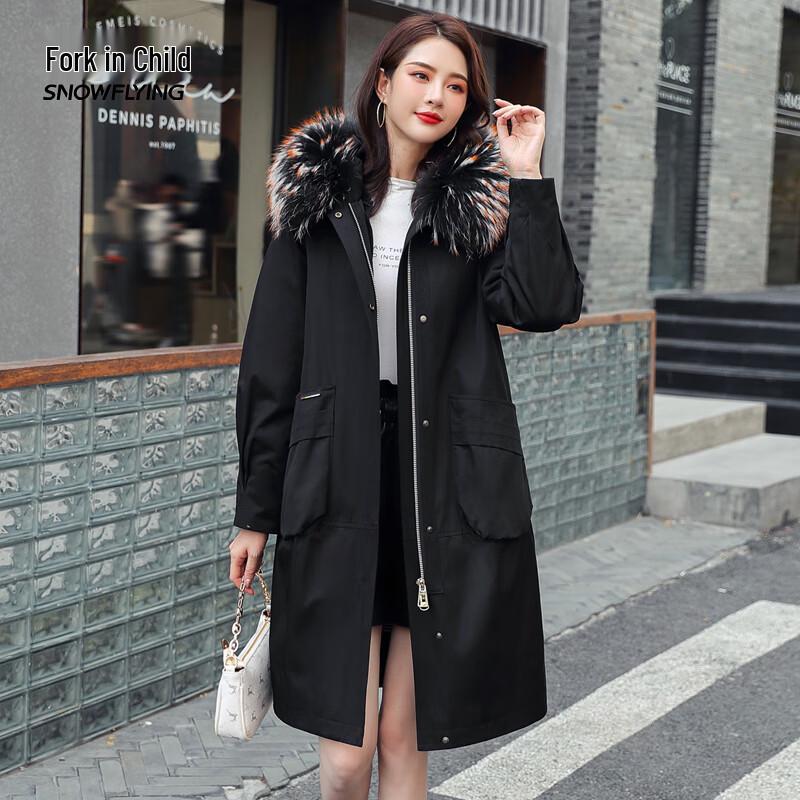 

Женский длинный пуховик Xuezongfei с капюшоном, отделанным мехом енота M