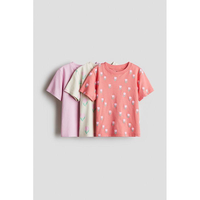 

HM Children s Clothing Girl T-shirt 3 Pieces Fall 2025 New Arrival Print round Neck Short Sleeve Tops 1282740 Pink/Florals 150/76(10-12Y)