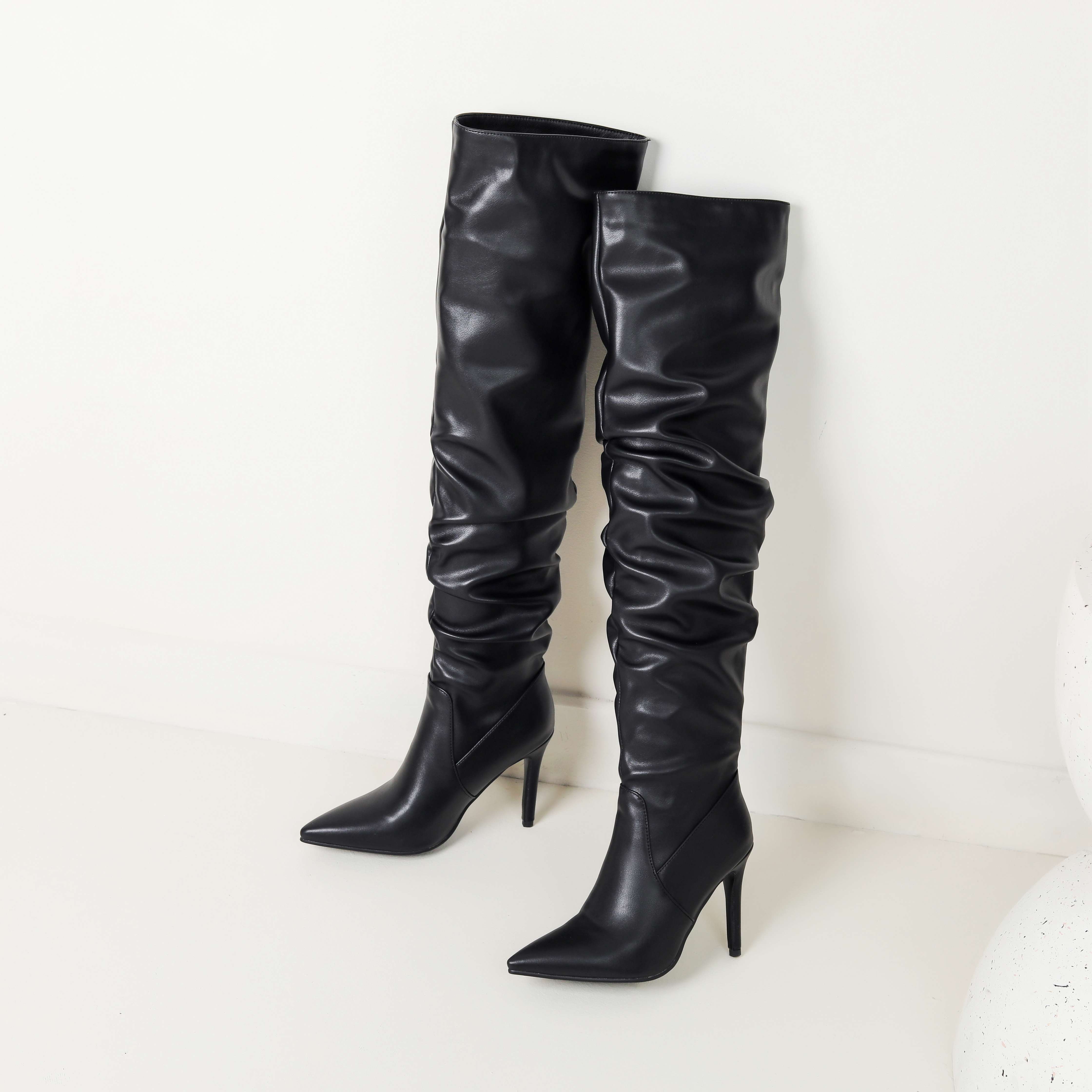 lenkisen Осенне-зимняя обувь из ПУ с острым носком, на высоком каблуке-шпильке, сапоги для верховой езды, плиссированные, сохраняющие тепло, модные сапоги выше колена 34 чёрный