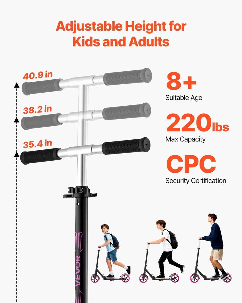 Kick Scooter for Kids Ages 8+, Teens & Adults, 2-Wheel Toddler Scooter with Adjustable Height Handlebar, Wide Anti-Slip Deck, Foldable Lightweight