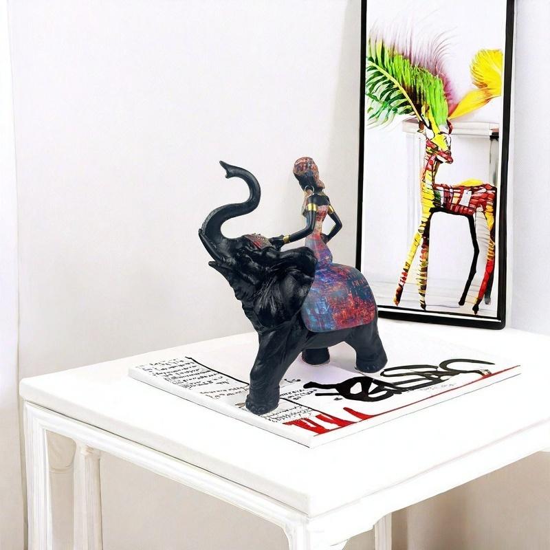 African Design Colorful African Elephant and Tribal Lady Figurines with African Tribal Totem, African Animal and Women Decor Art