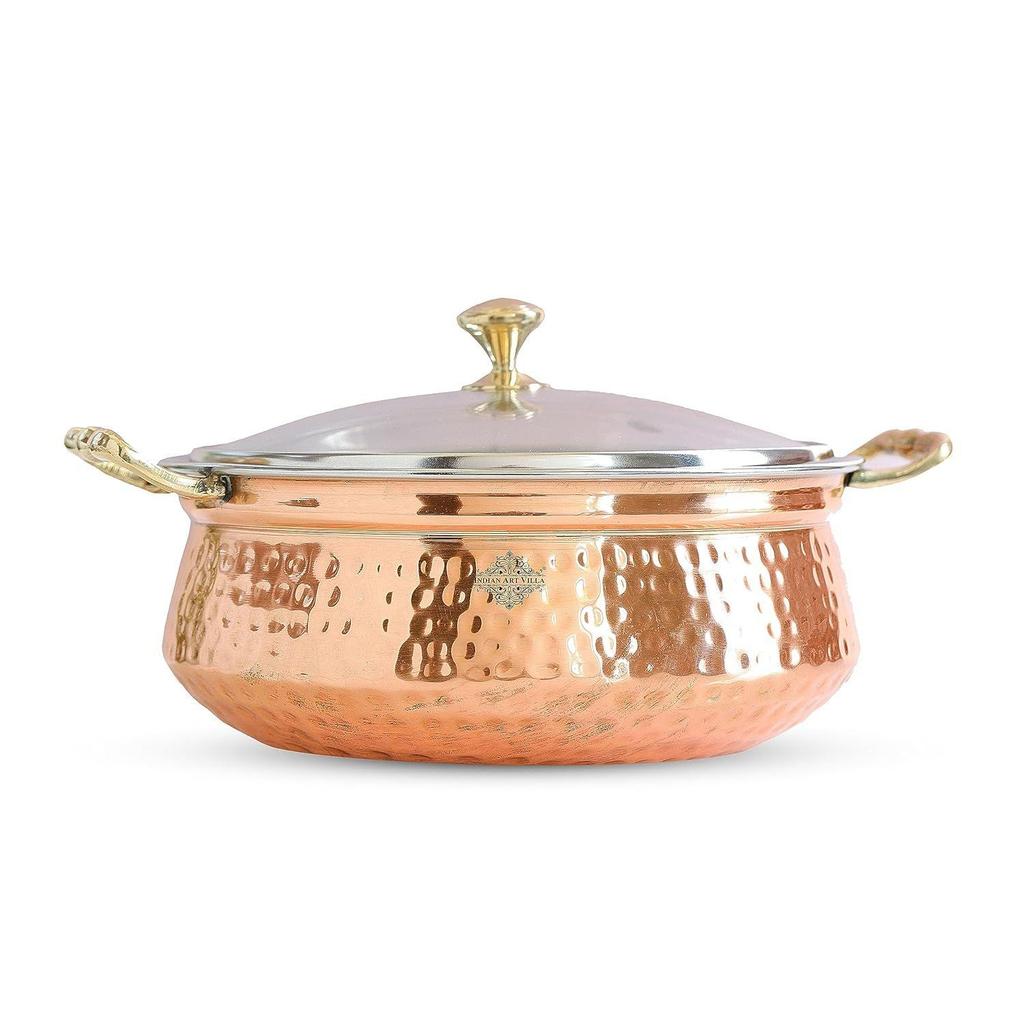Hammered Steel Copper Casserole Donga Bowl with Glass Lid, Tableware and Serveware (2200 ml)