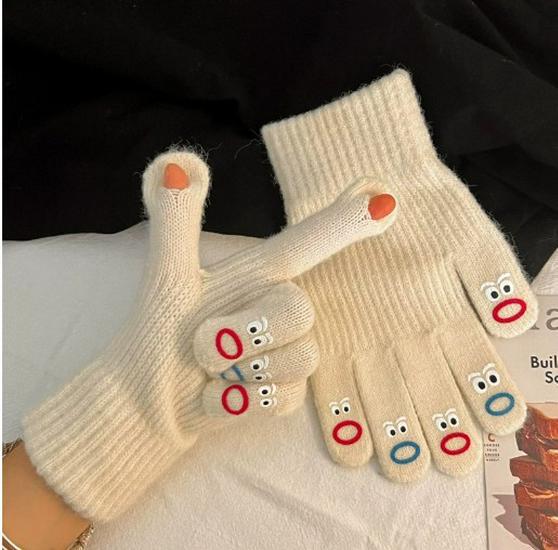 Funny Expression Fingerless Touchscreen Gloves for Women - Warm Knitted Wool for Autumn and Winter Cycling