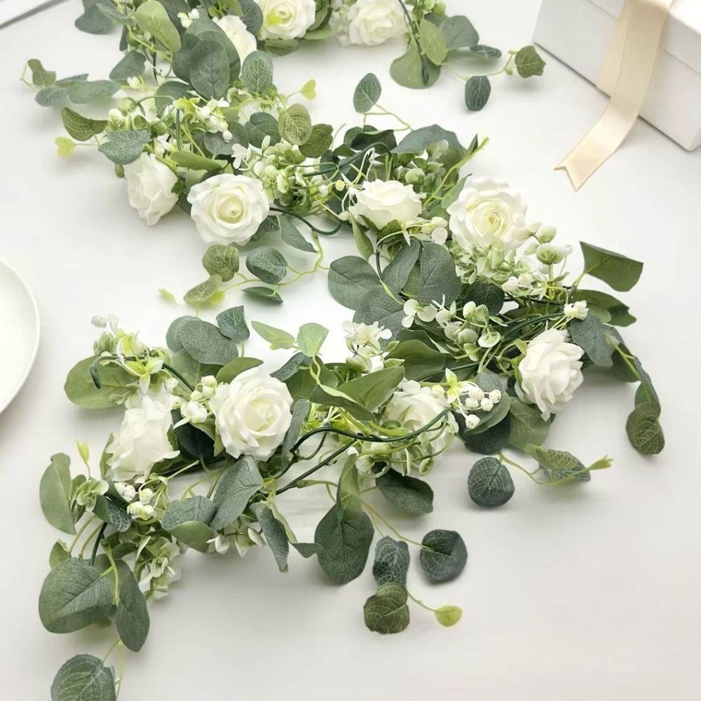 Garland Style Simulated Eucalyptus Rattan 6 White Roses Eucalyptus Garland Garden Decoration