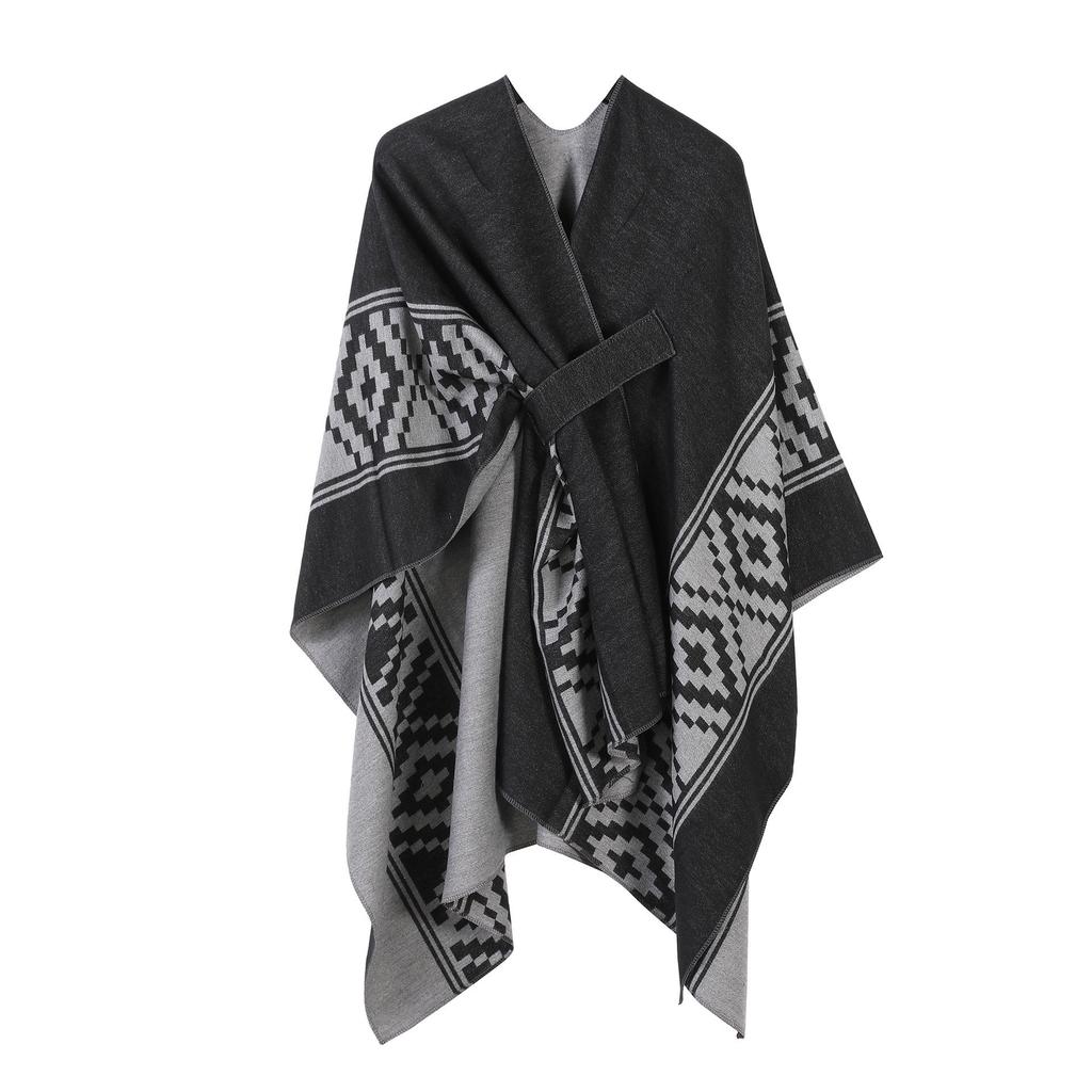 Women's European & American Double-Sided Solid Color Cape Shawl with Striped Edge