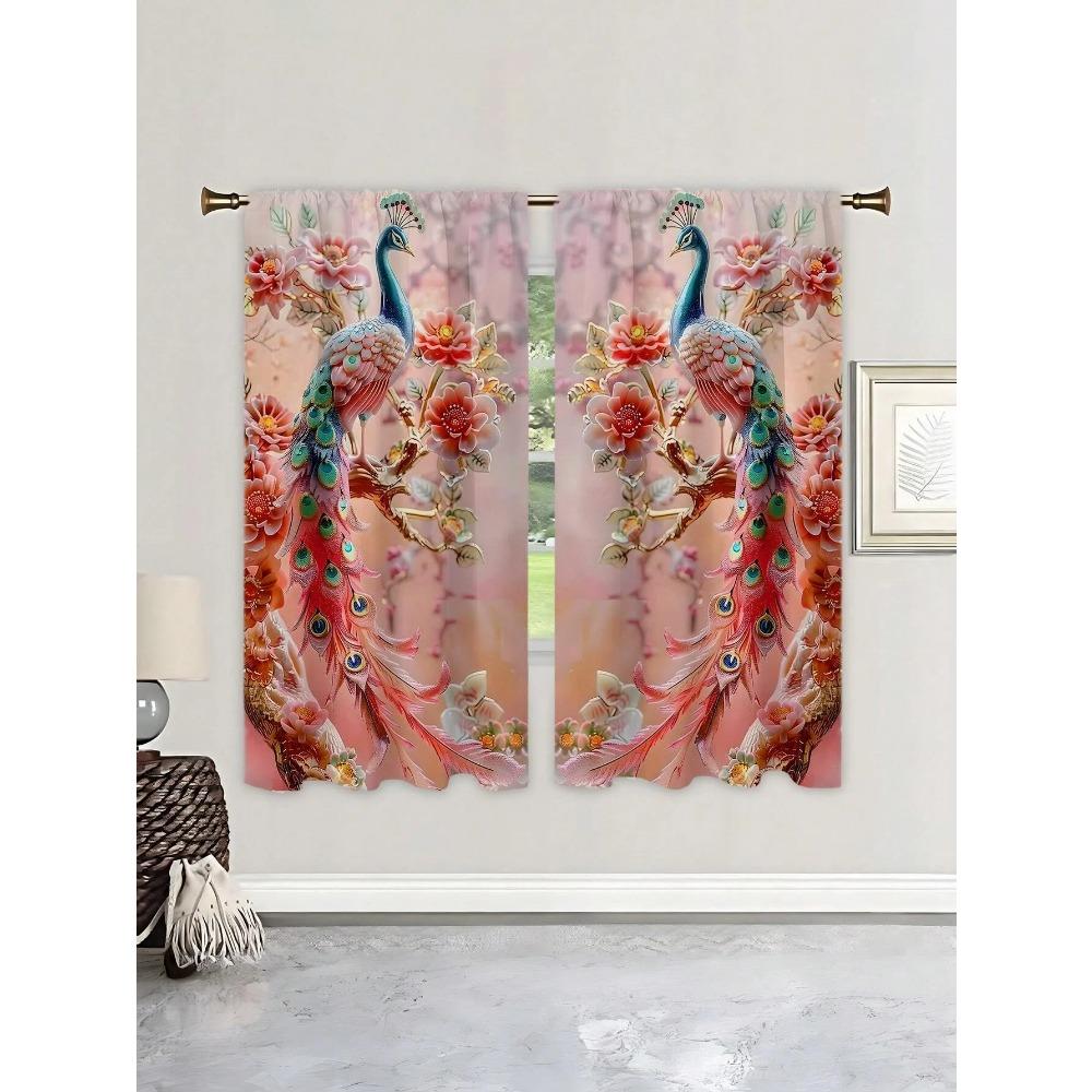 

2 шт. Винтажные синие золотистые занавески с принтом животных в виде павлина, для спальни, офиса, кухни, гостиной, кабинета, домашнего декора W50xH130(CM)x2pcs&Rod Pocket