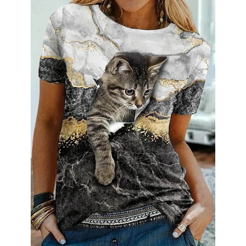 Fashion Women's Crew Neck Short Sleeve 3D Animal Color Printing Animal Short Sleeve Crew Neck T-Shirt