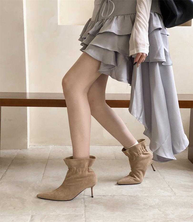 2025 autumn and winter new pointed thin heel high heel temperament thin French fashion sexy beauty female Internet celebrity short boots