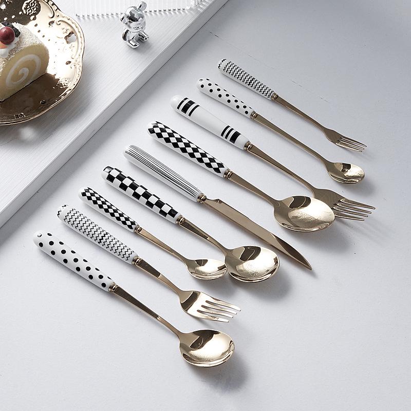 Minimalistyczny Ceramiczny Zestaw Noża do Steków, Widelca i Łyżki ze Stali Nierdzewnej - Kreatywna Zachodnia Zastawa Stołowa