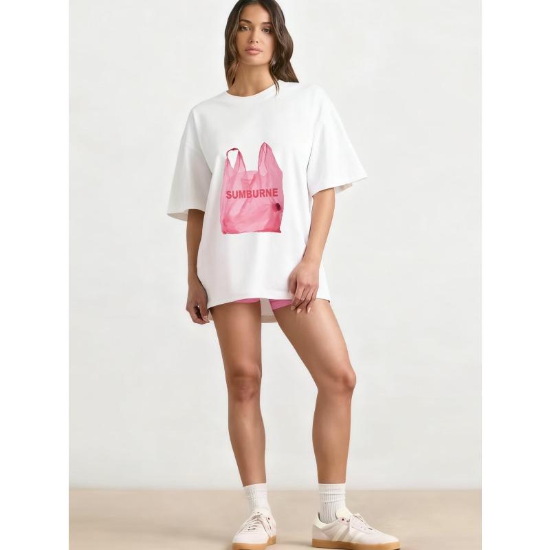 Oversize T-shirt Czarny Różowy Nadruk Torby Plastikowej Z Napisem SUMBURNE Swobodny Styl Uliczny