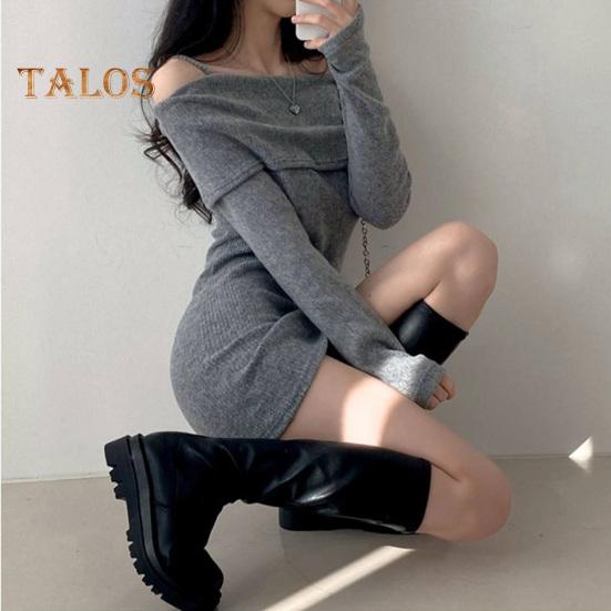 Women Knitting Tops Off Shoulder Long Sleeve Solid Color Slim Fit Pullover Tops Sexy Ribbed Long Blouse