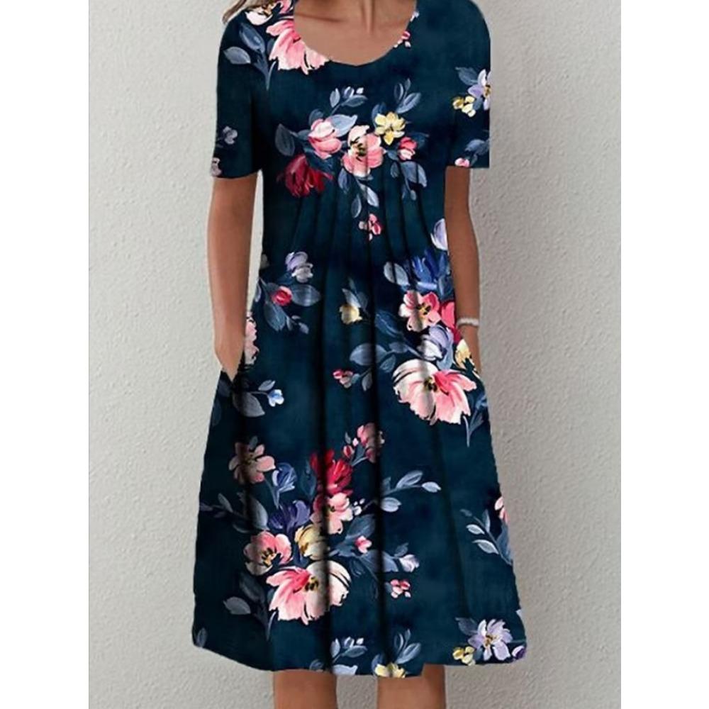 QICED 30 Farben Plissiertes Midi-Kleid Kurzarm Rundhalsausschnitt Weiter Saum Mittlere Wadenlänge Damen Floral A-Linie Partykleid Freizeitkleidung