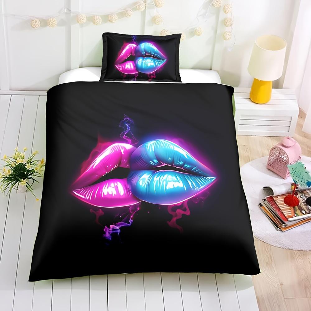 Red & Blue Lips Print All Season Bedding Set, Soft Comfortable And Breathable Duvet Cover For Bedroom Guest Room And Dorm